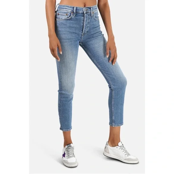 Re/Done High Rise Ankle Crop Jeans Worn Indigo Button Fly Skinny Denim Size 26 - Picture 10 of 10